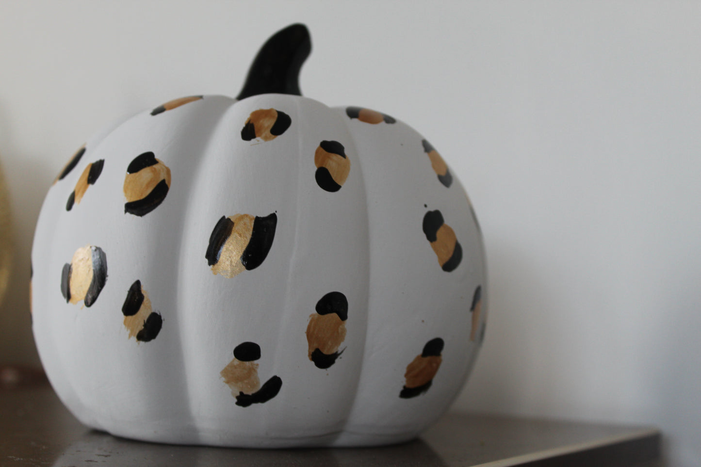 White and Leopard Print Hand painted ceramic pumpkin
