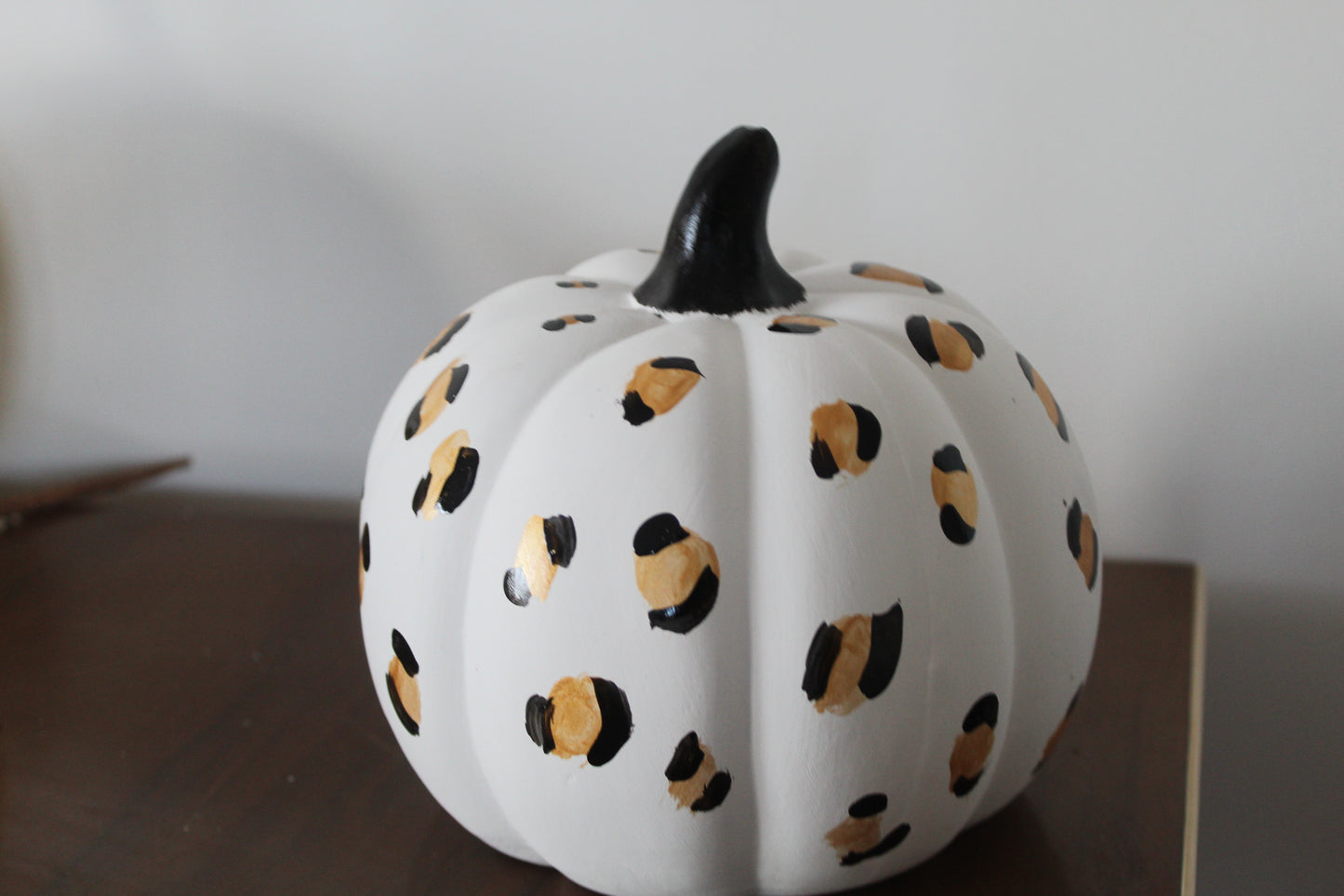 White and Leopard Print Hand painted ceramic pumpkin