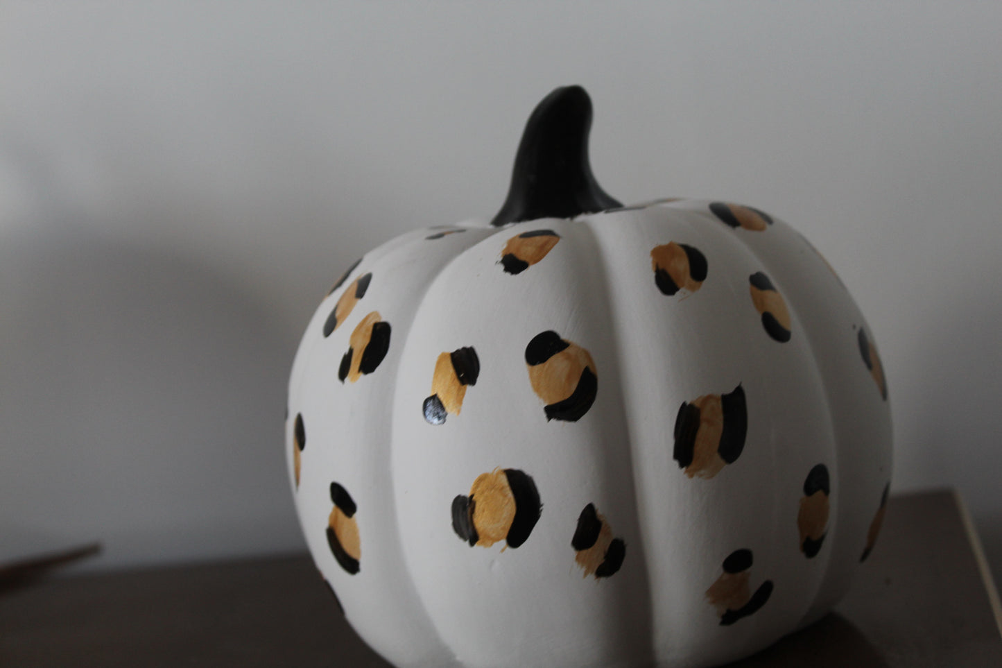 White and Leopard Print Hand painted ceramic pumpkin