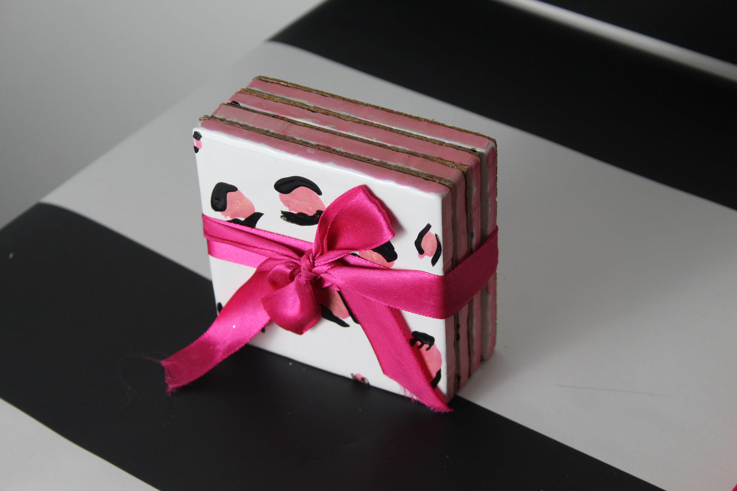 Pink Leopard Print Handpainted Coasters - set of 4 backed with cork