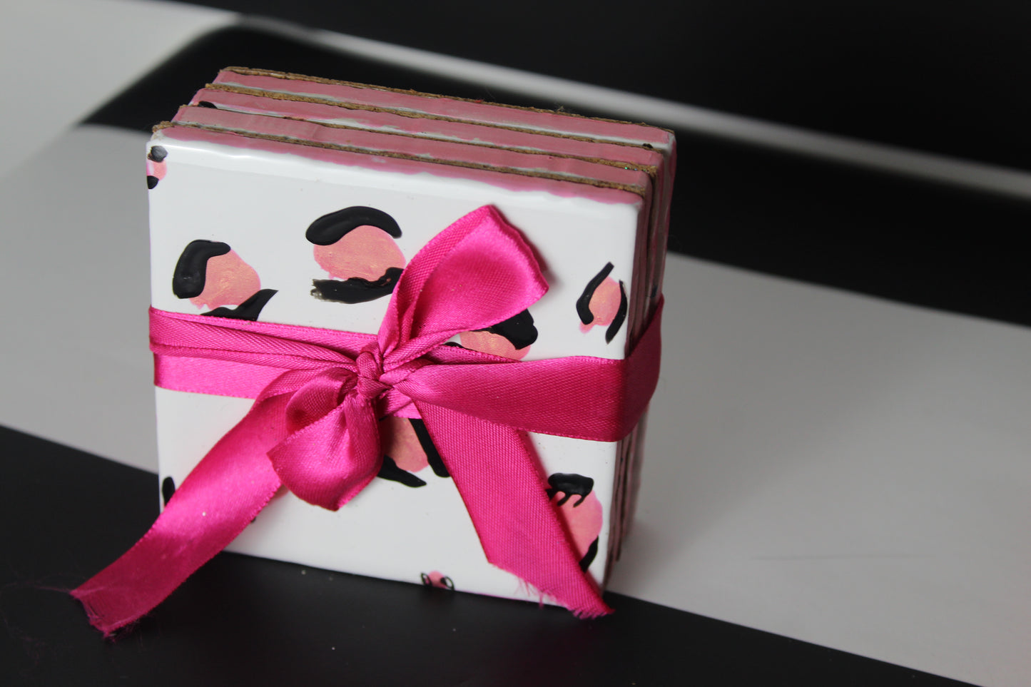 Pink Leopard Print Handpainted Coasters - set of 4 backed with cork