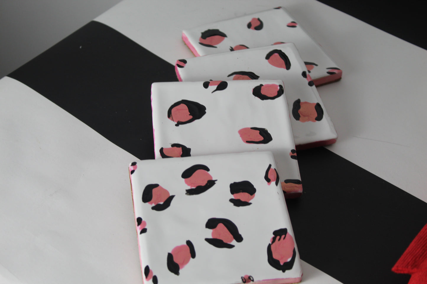 Pink Leopard Print Handpainted Coasters - set of 4 backed with cork