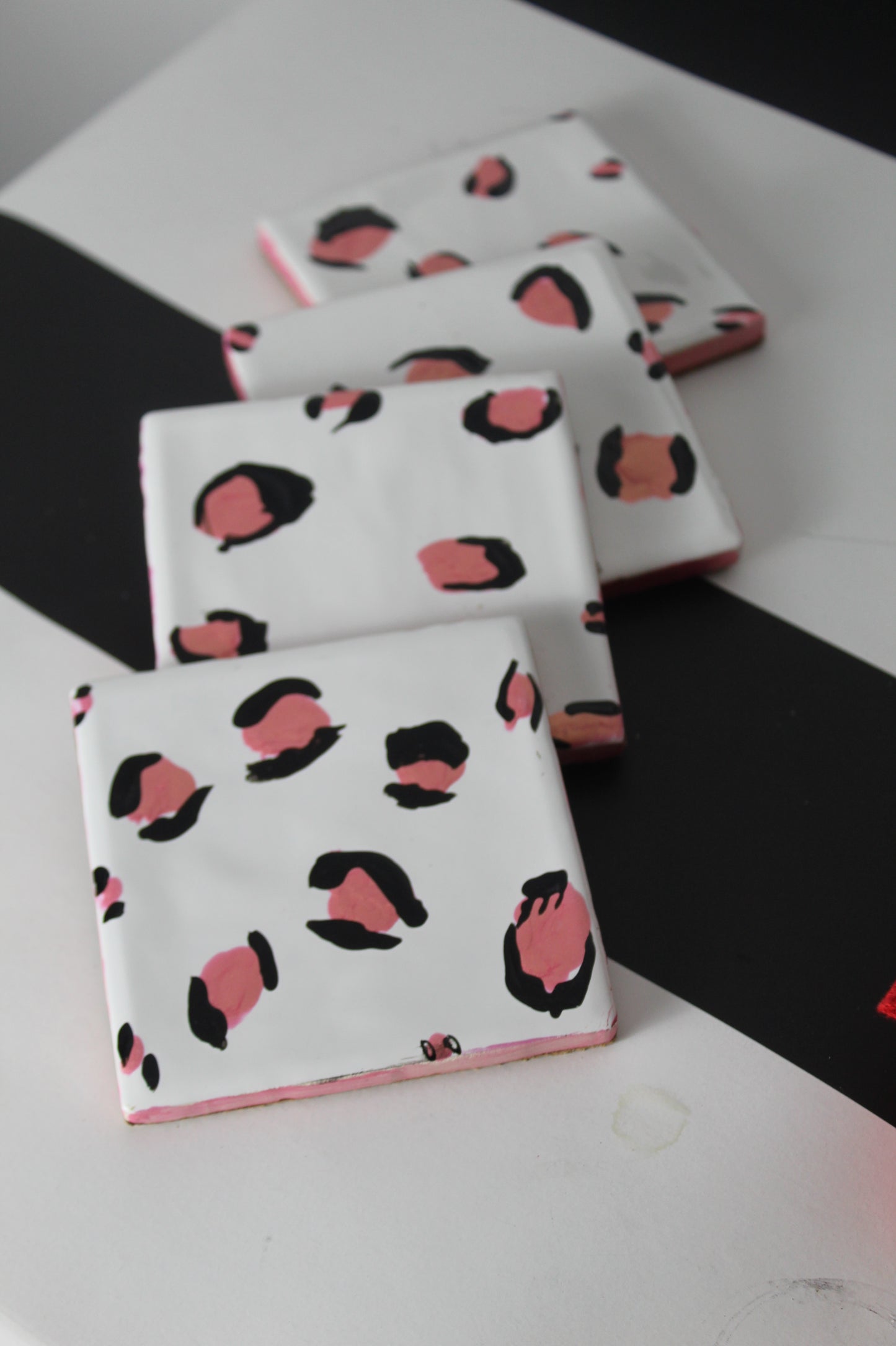 Pink Leopard Print Handpainted Coasters - set of 4 backed with cork