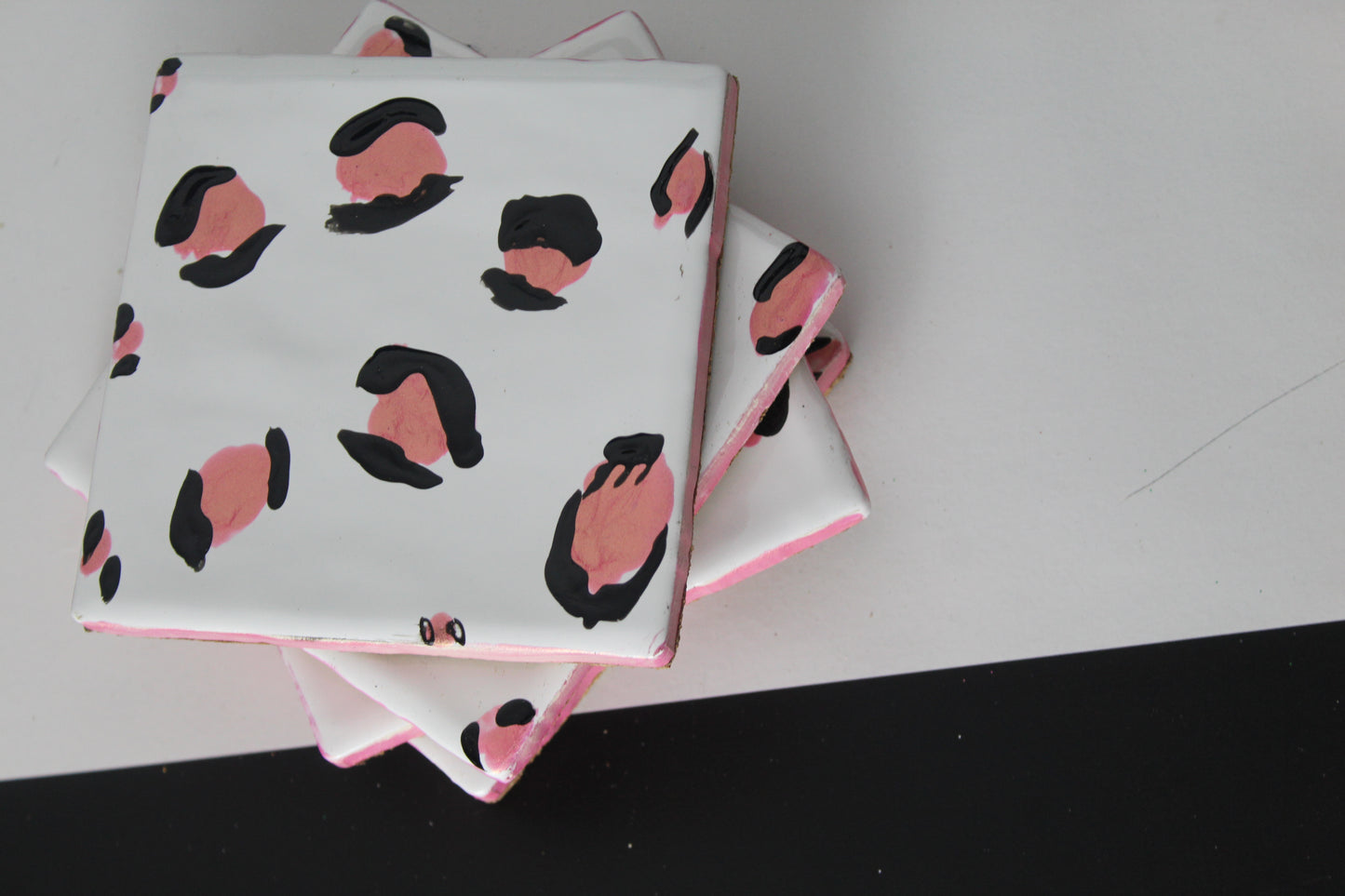 Pink Leopard Print Handpainted Coasters - set of 4 backed with cork
