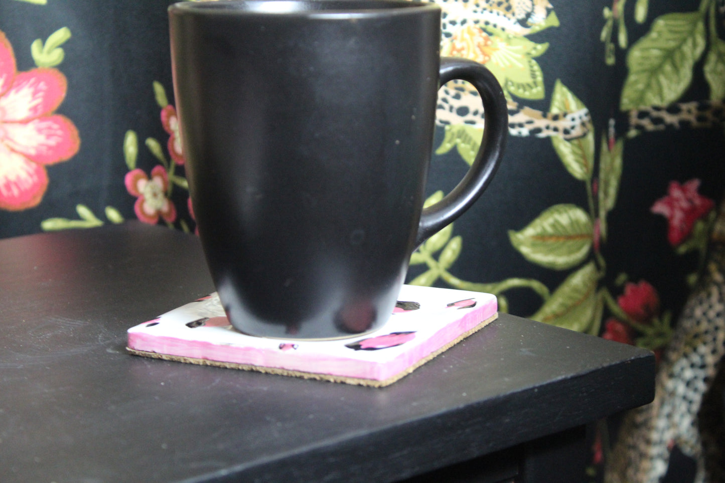 Pink Leopard Print Handpainted Coasters - set of 4 backed with cork