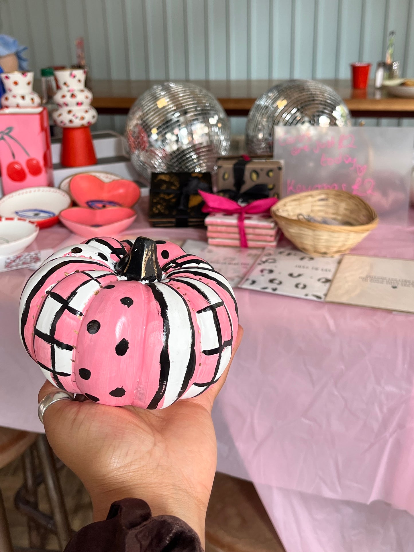 Hand-Painted Pink Harlequin Style Ceramic Pumpkin