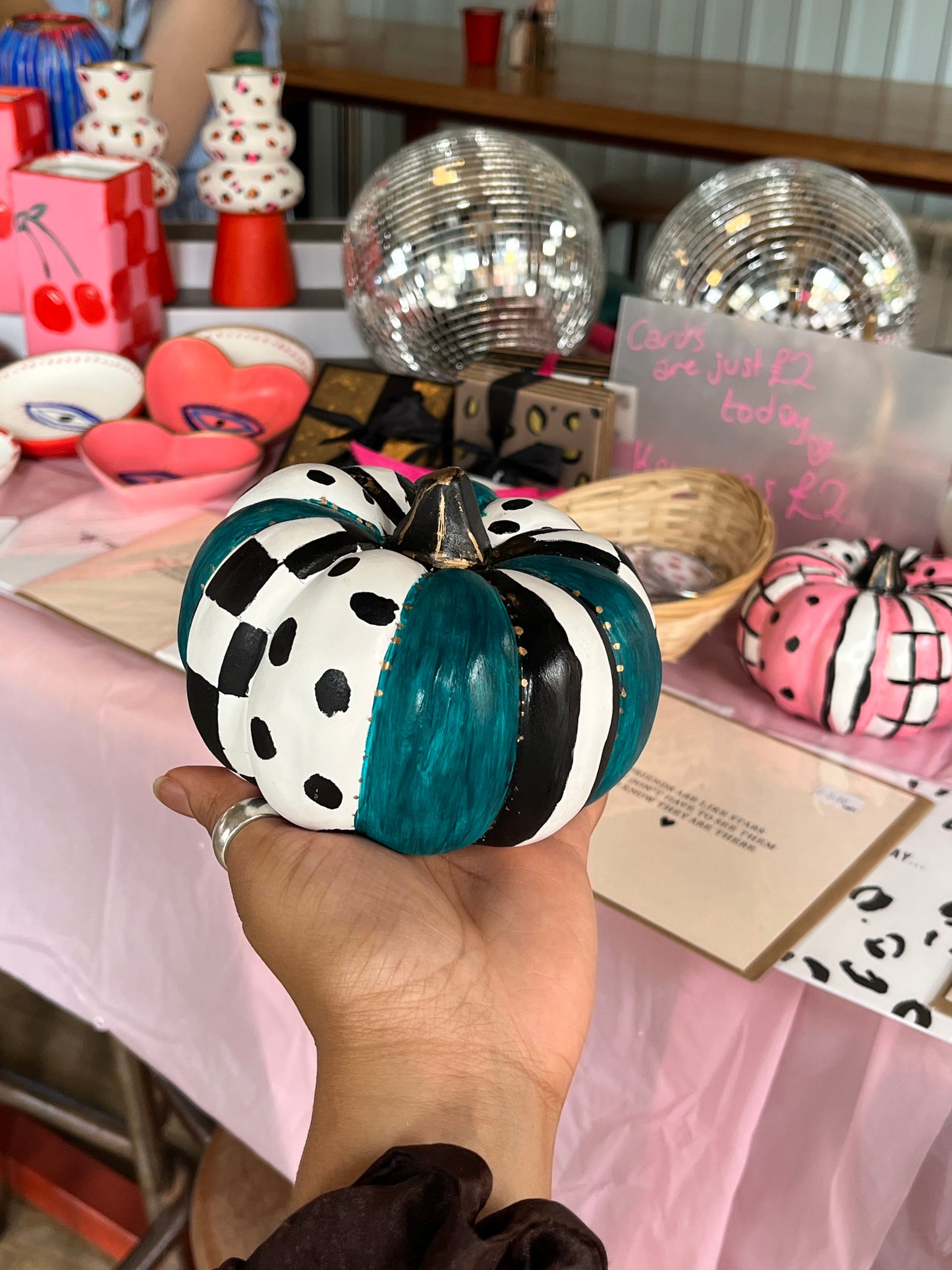Hand-Painted Teal Harlequin Style Ceramic Pumpkin