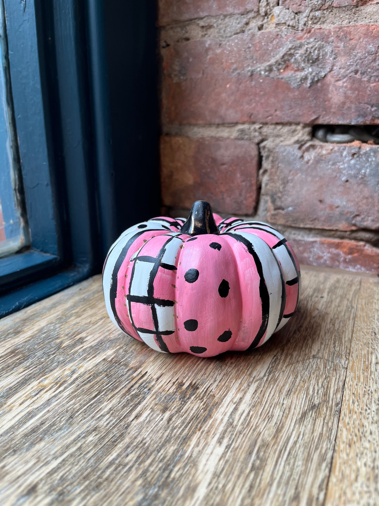 Hand-Painted Pink Harlequin Style Ceramic Pumpkin