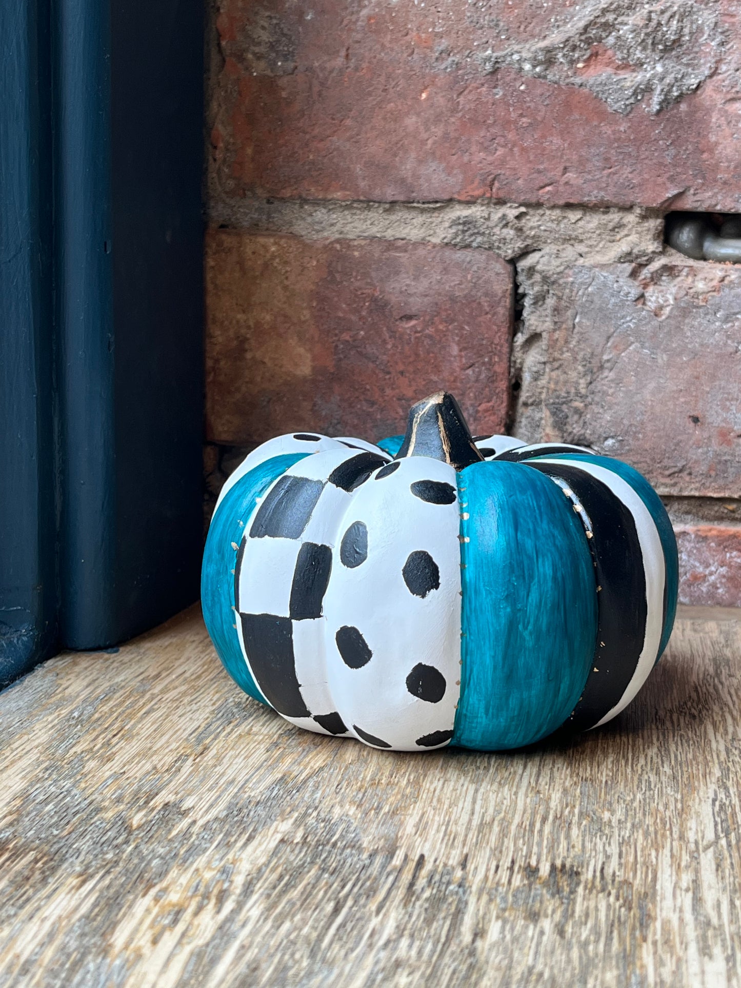 Hand-Painted Teal Harlequin Style Ceramic Pumpkin