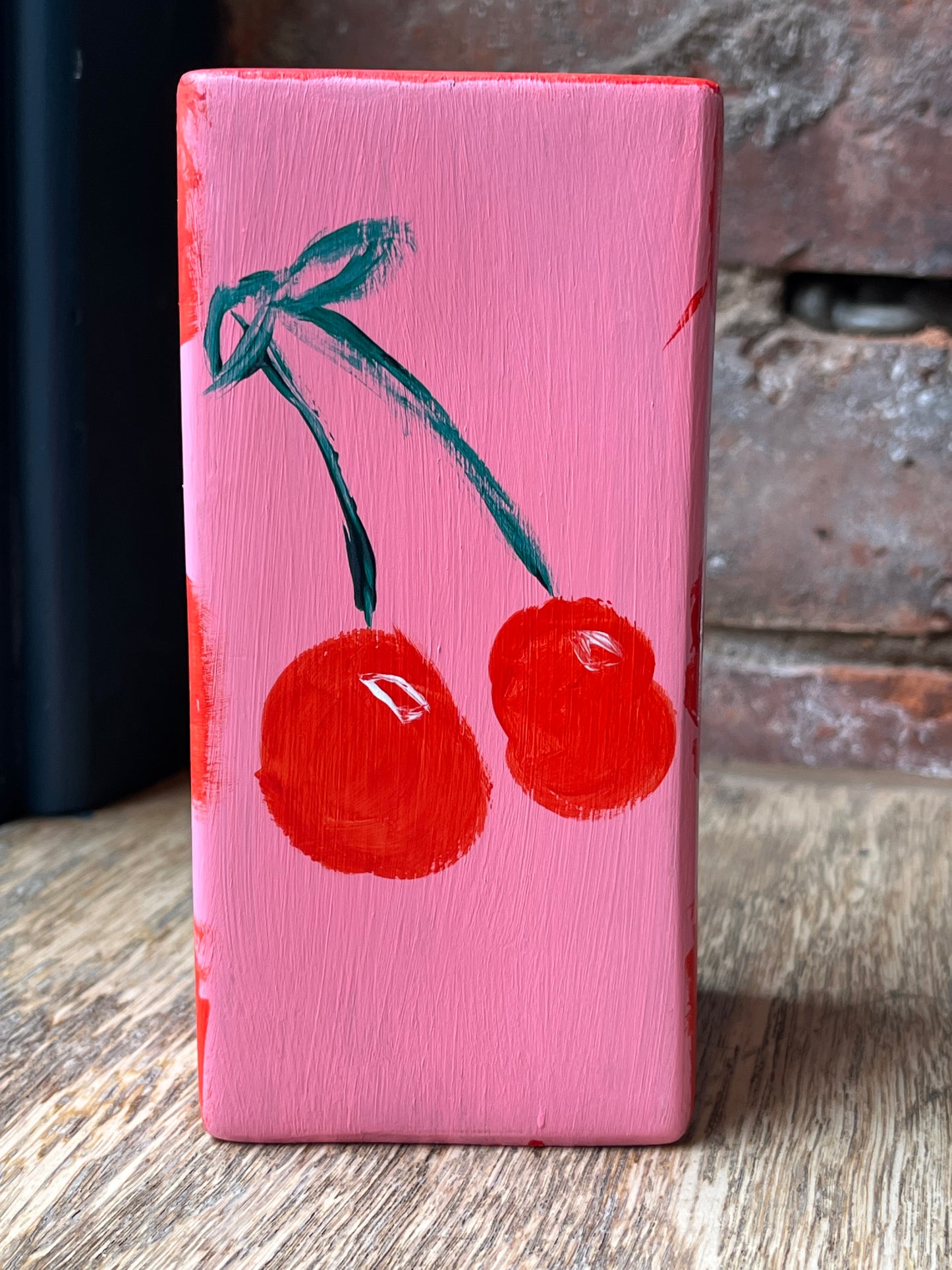 Hand-Painted Cherry Chequered Vase | Pink & Red Square Vase