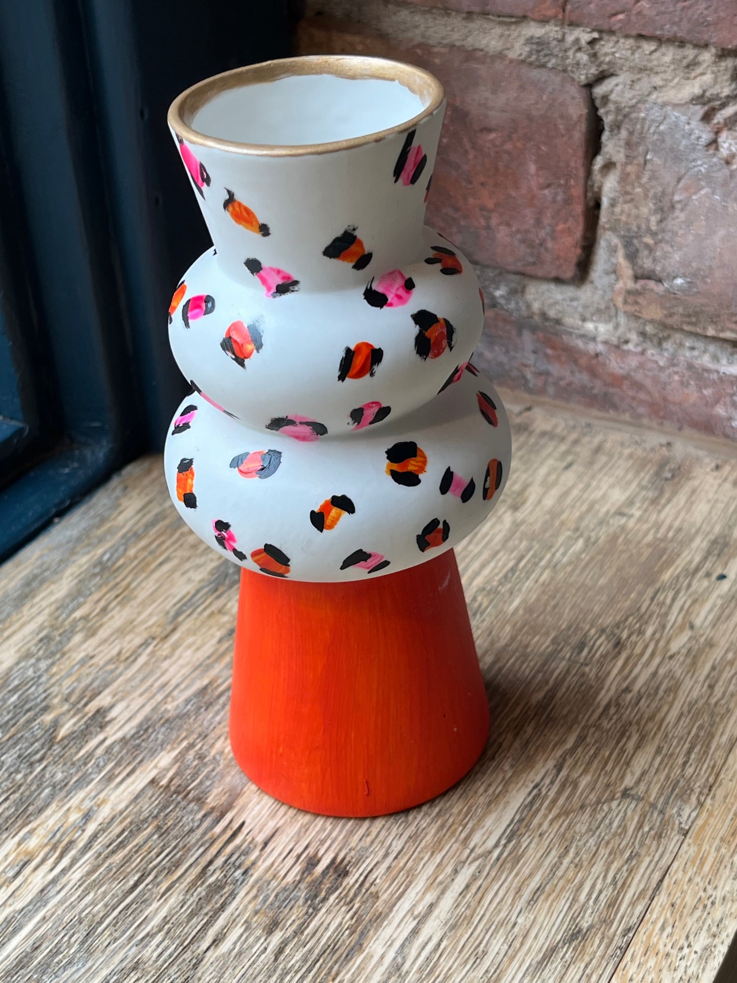 Hand-Painted Abstract Orange and Neon Pink Leopard Print Vase
