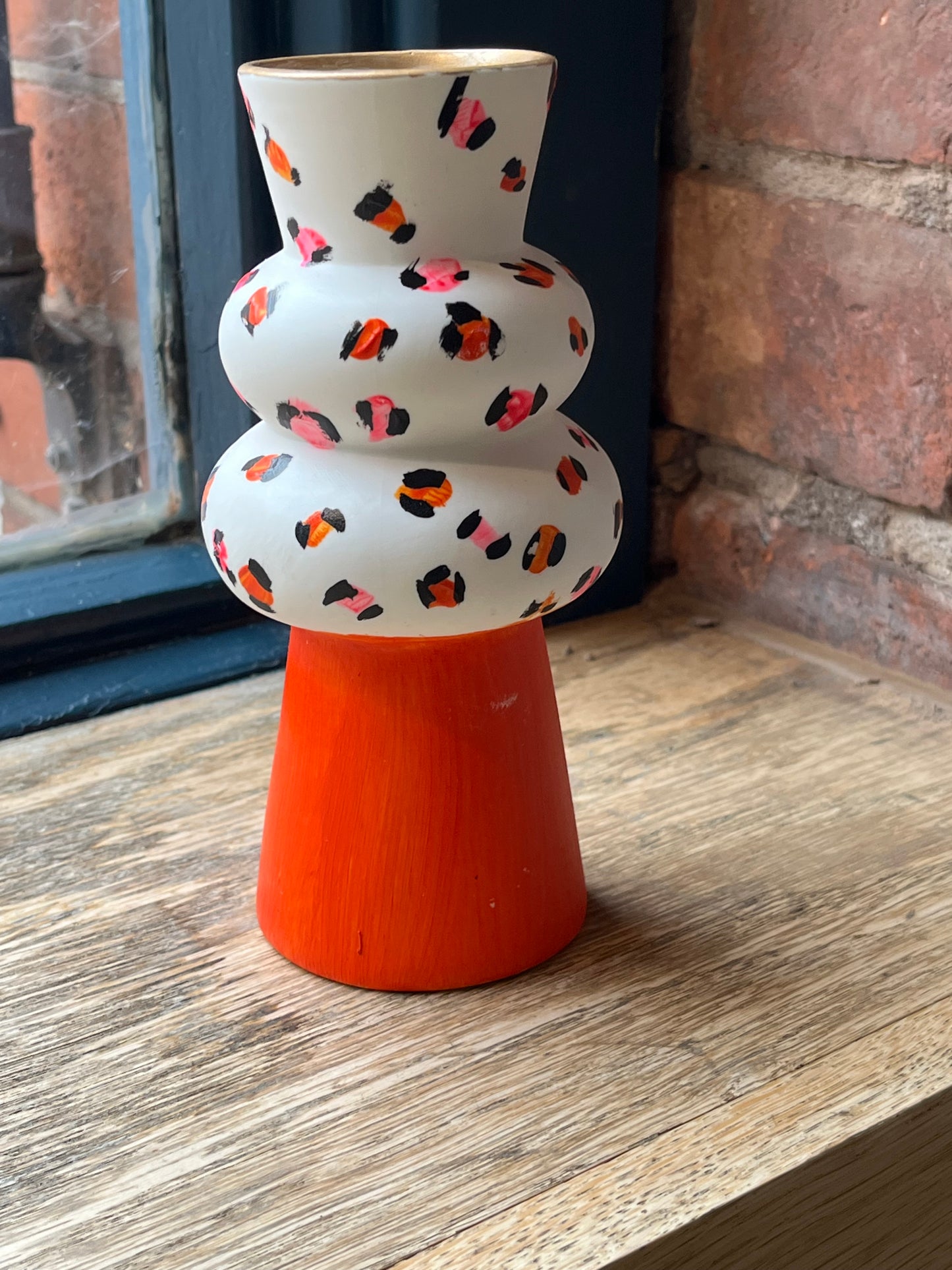 Hand-Painted Abstract Orange and Neon Pink Leopard Print Vase
