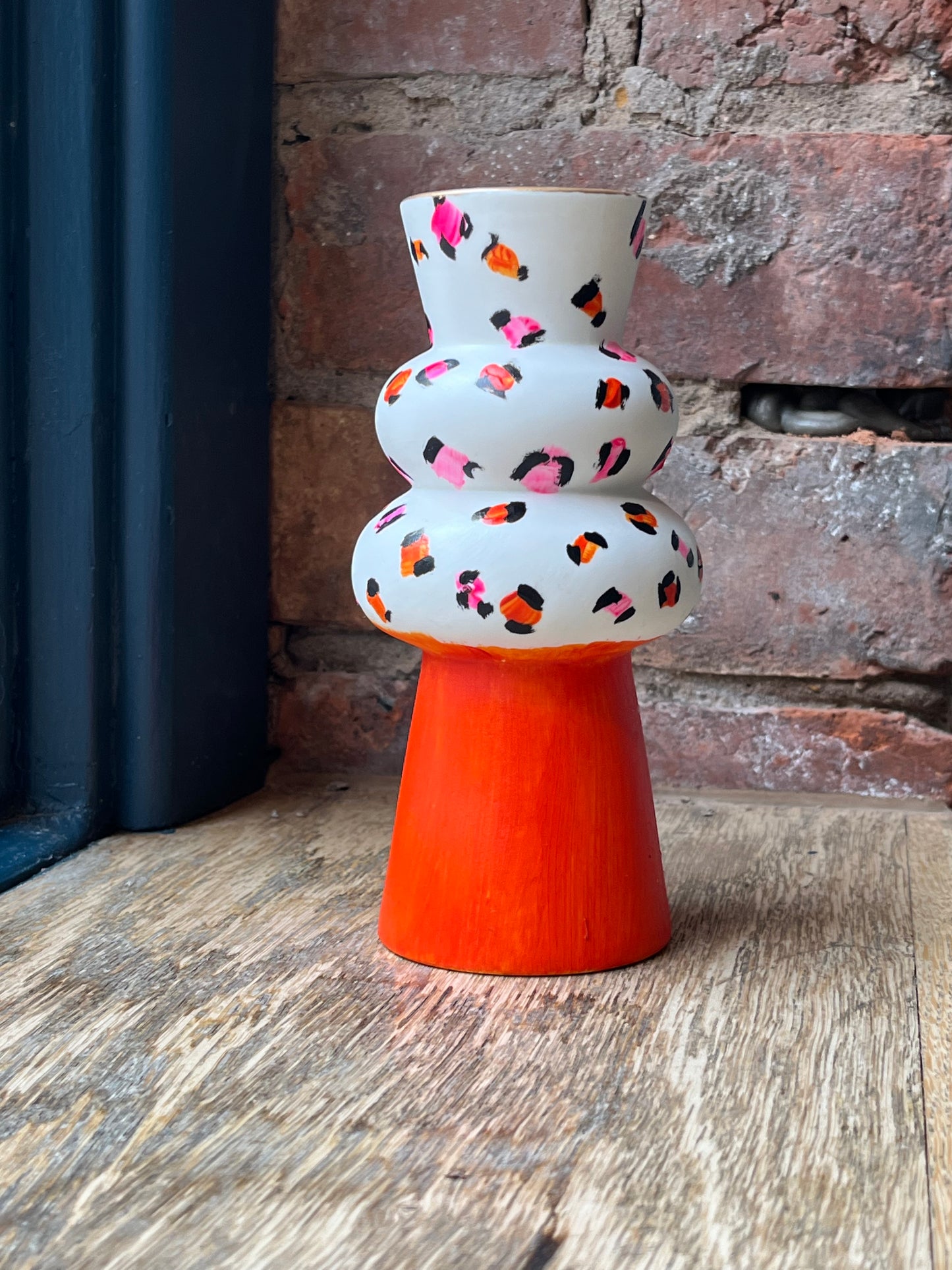 Hand-Painted Abstract Orange and Neon Pink Leopard Print Vase