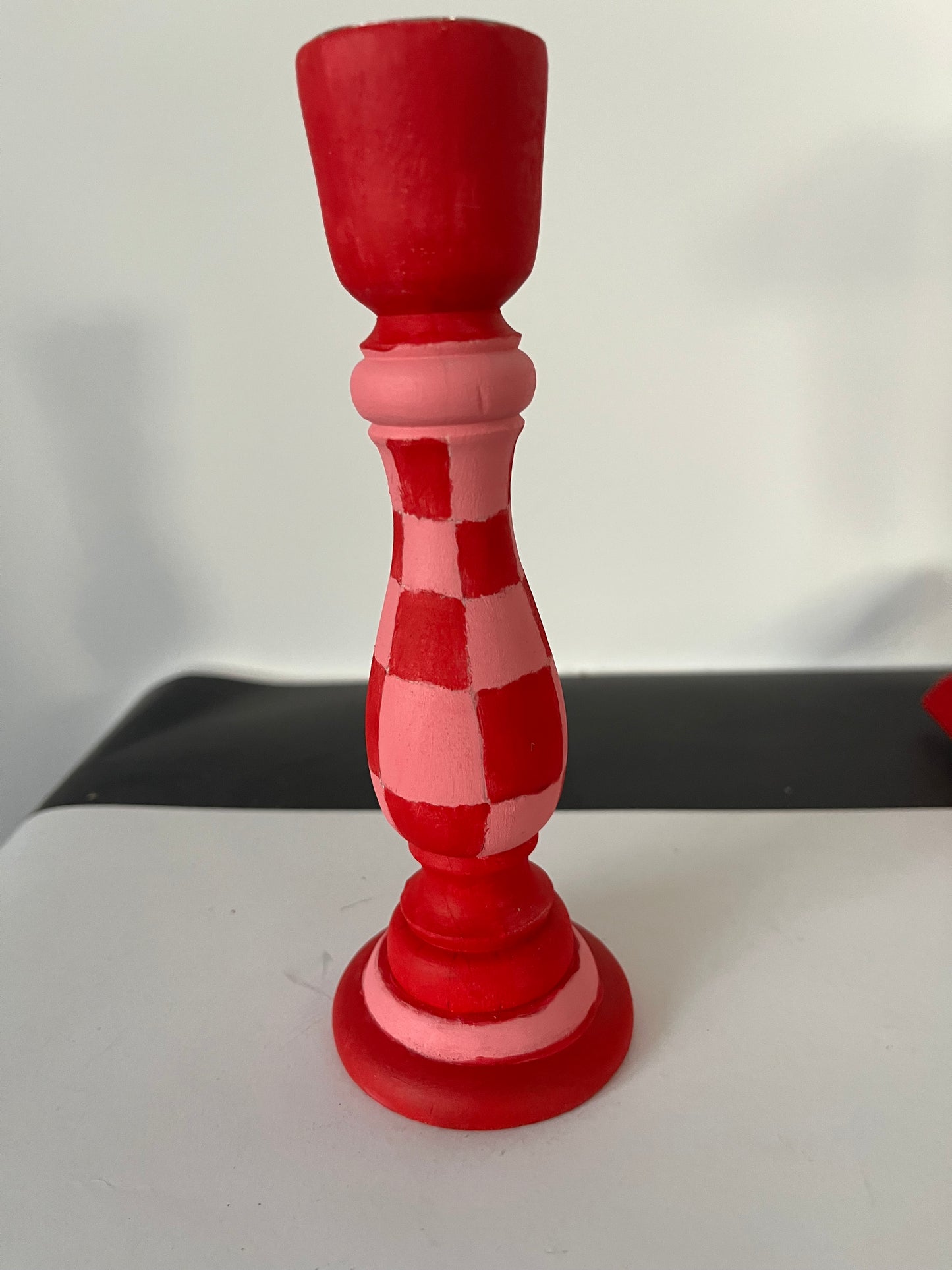 Pink and Red chequered handpainted candlestick