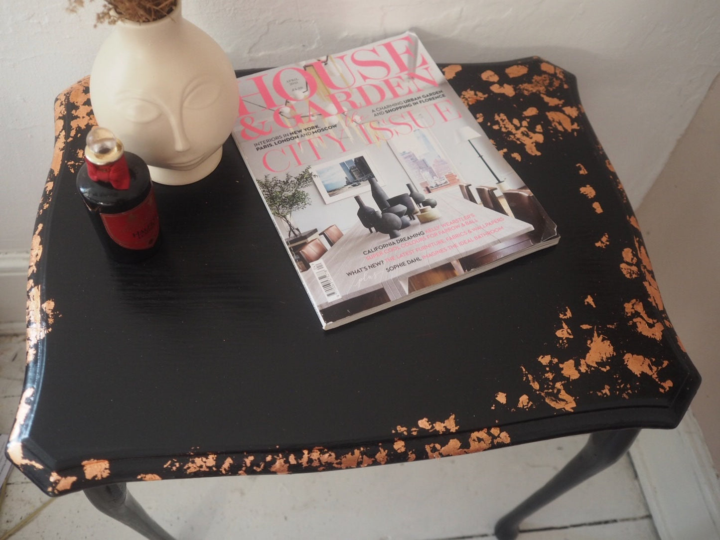 Black Side Table Hand-finished with Copper Leaf