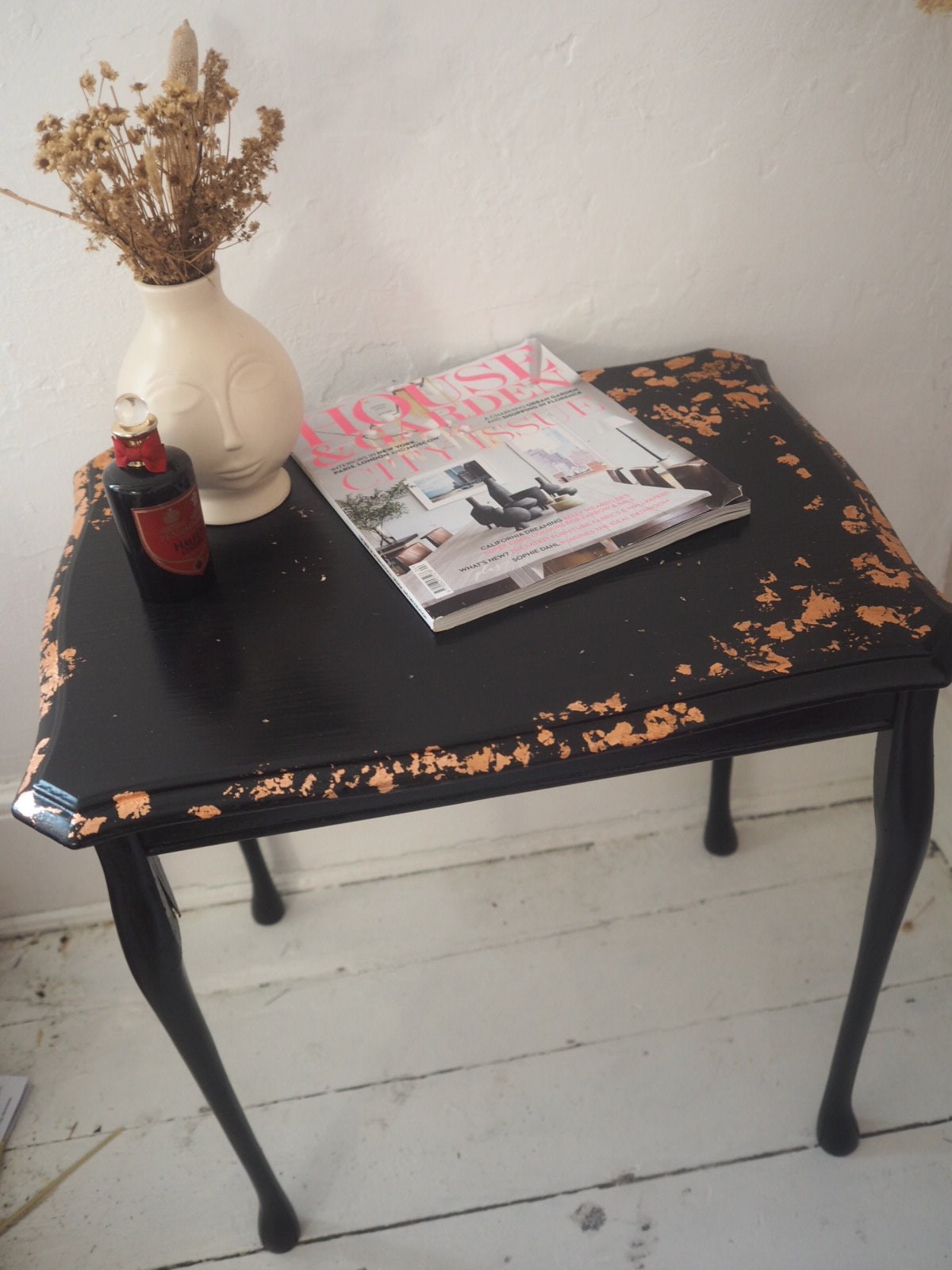 Black Side Table Hand-finished with Copper Leaf