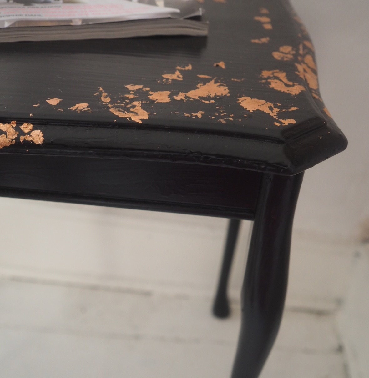 Black Side Table Hand-finished with Copper Leaf