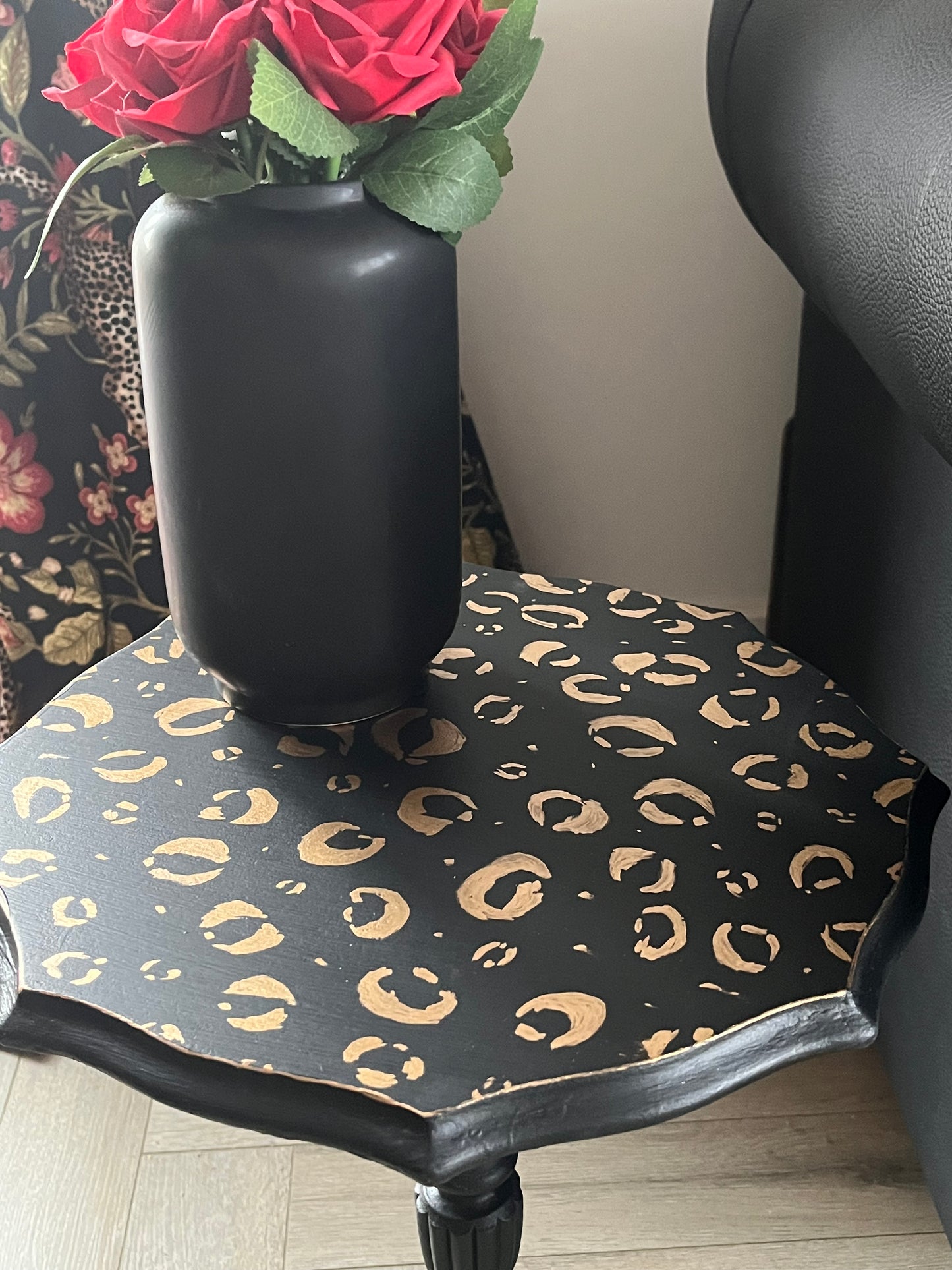 Black and Gold Hand Finished Leopard Print Side Table