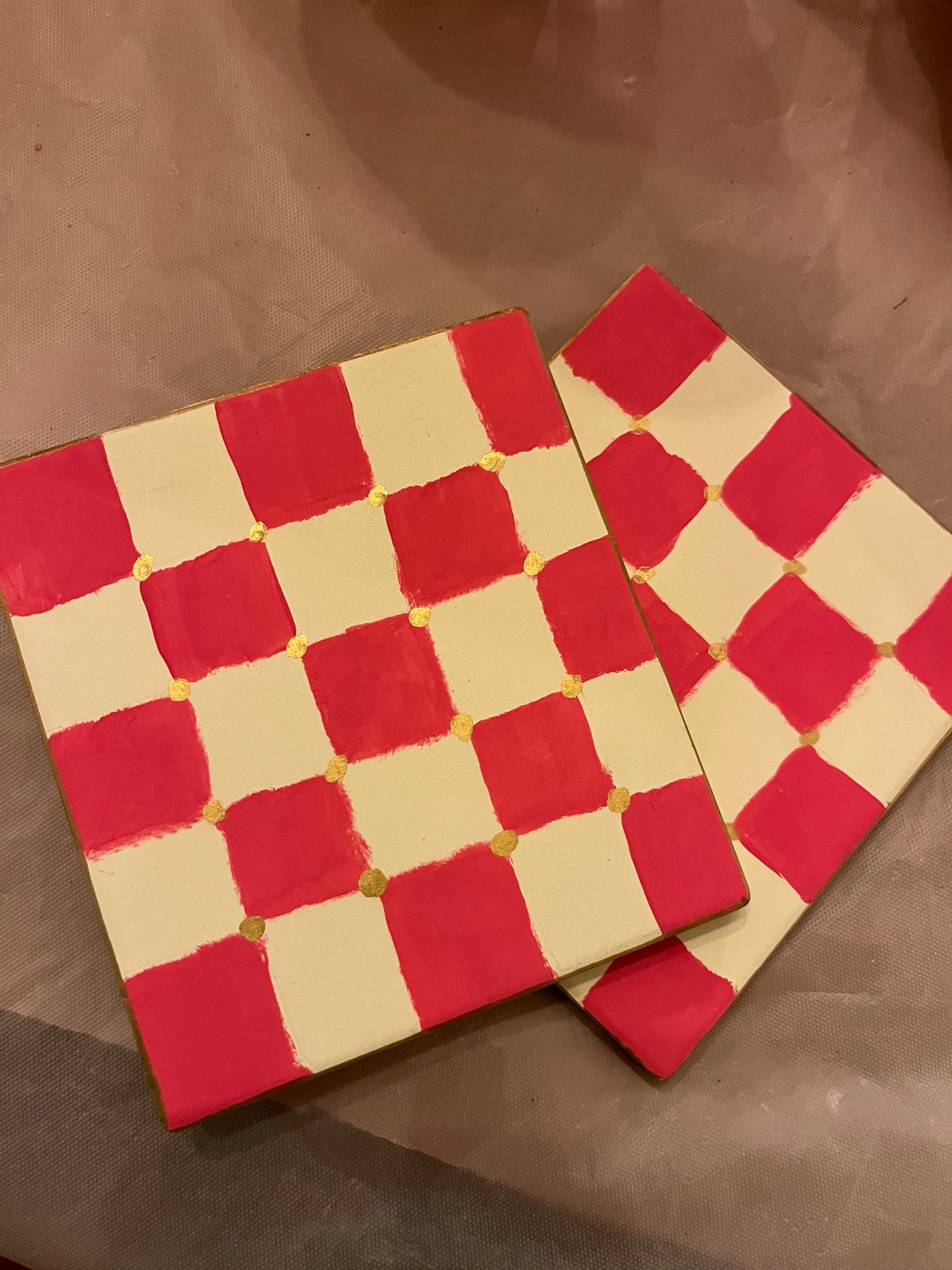 Set of 2 pink and white chequered coaster