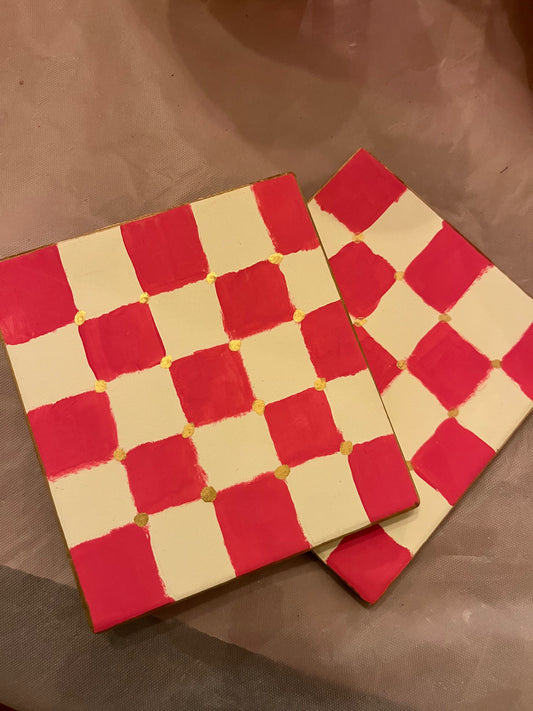 Set of 2 pink and white chequered coaster