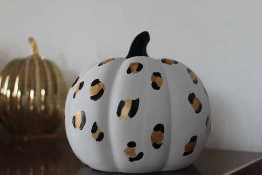 White and Leopard Print Hand painted ceramic pumpkin
