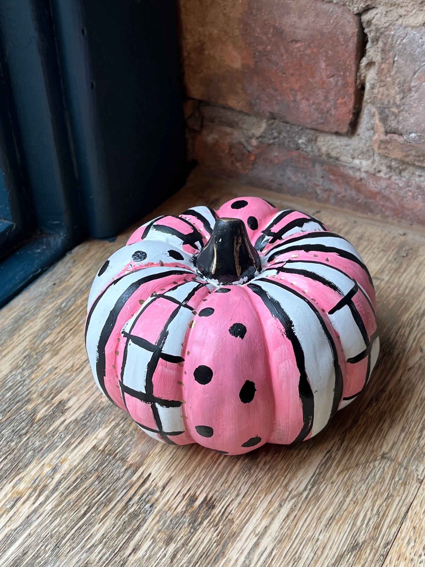 Hand-Painted Pink Harlequin Style Ceramic Pumpkin