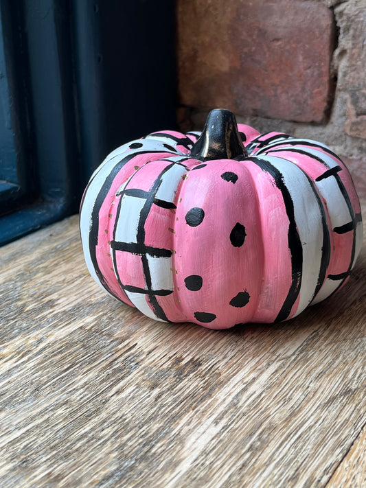 Hand-Painted Pink Harlequin Style Ceramic Pumpkin