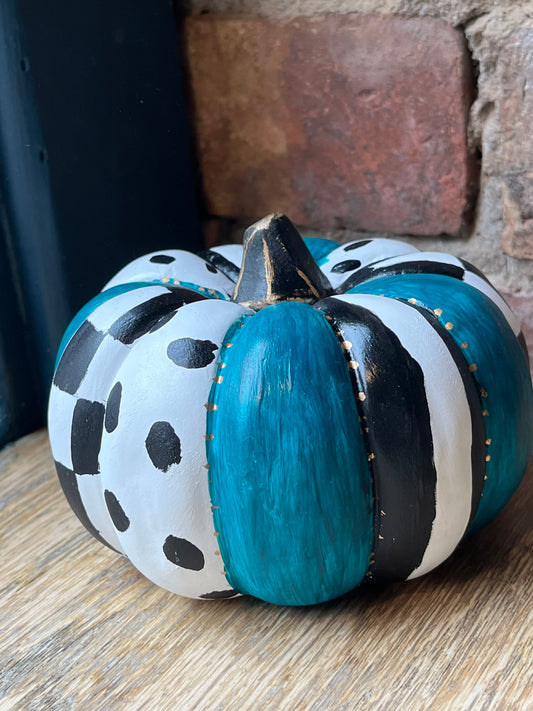 Hand-Painted Teal Harlequin Style Ceramic Pumpkin