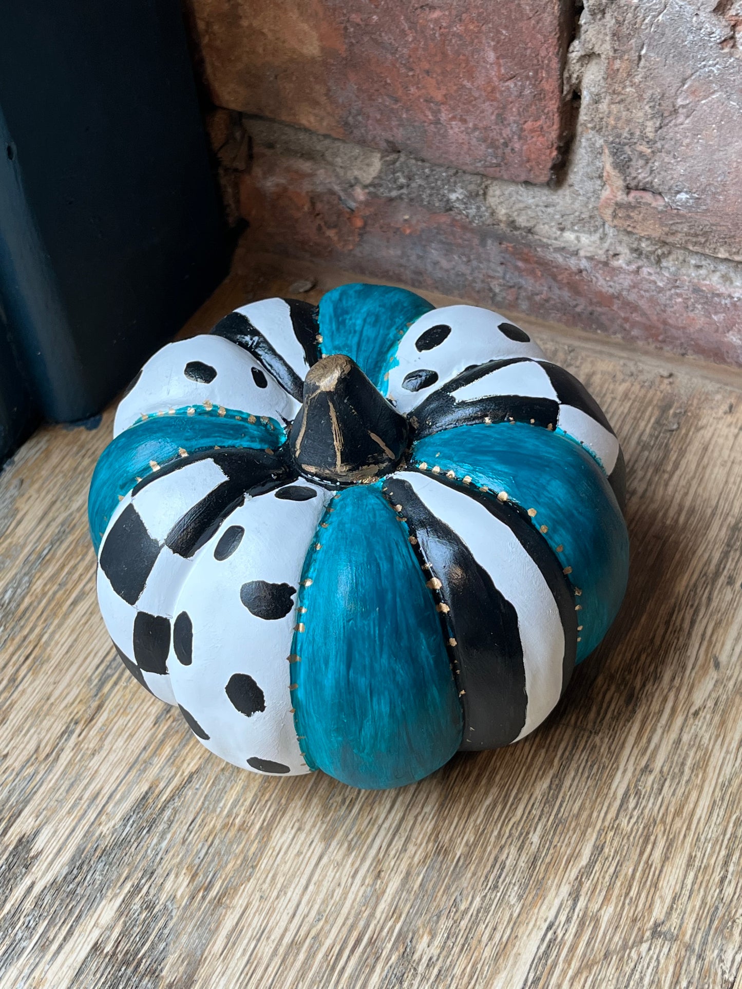 Hand-Painted Teal Harlequin Style Ceramic Pumpkin