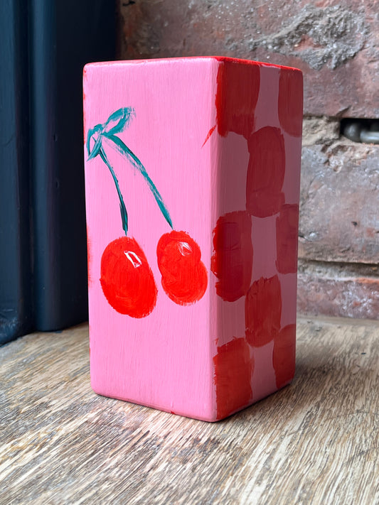 Hand-Painted Cherry Chequered Vase | Pink & Red Square Vase