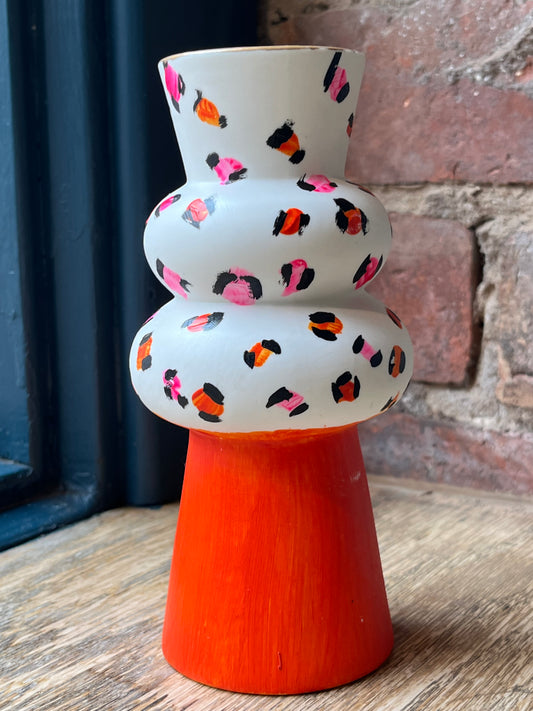 Hand-Painted Abstract Orange and Neon Pink Leopard Print Vase