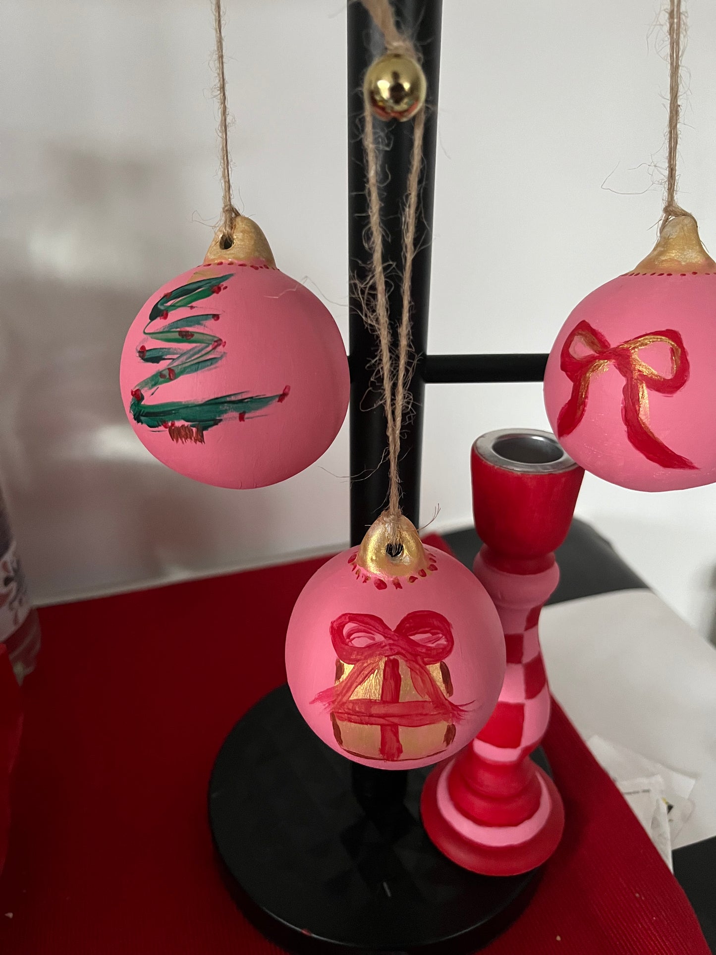 Pink and Red Bow Themed Handpainted Baubles