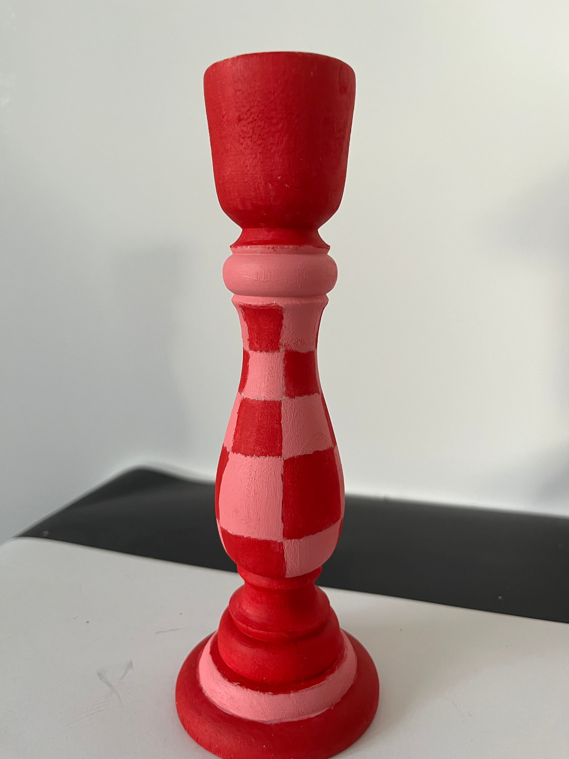 Pink and Red chequered handpainted candlestick