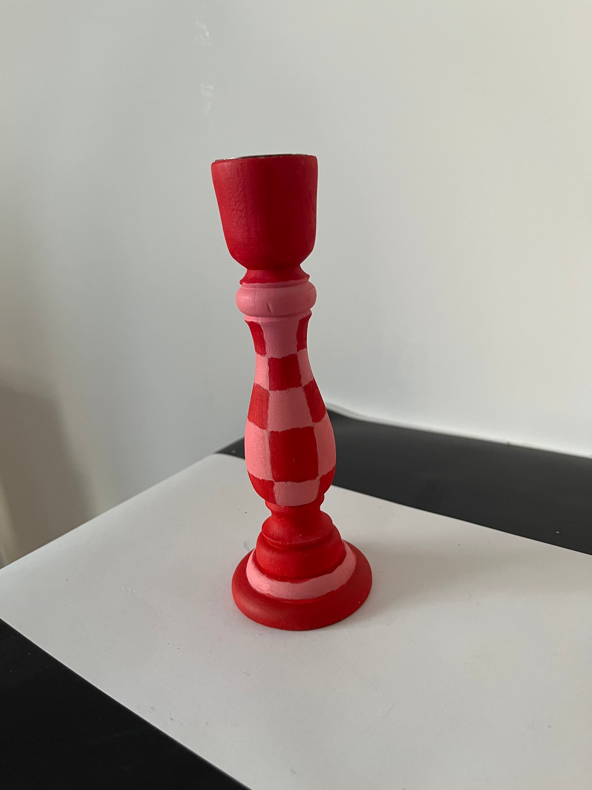 Pink and Red chequered handpainted candlestick