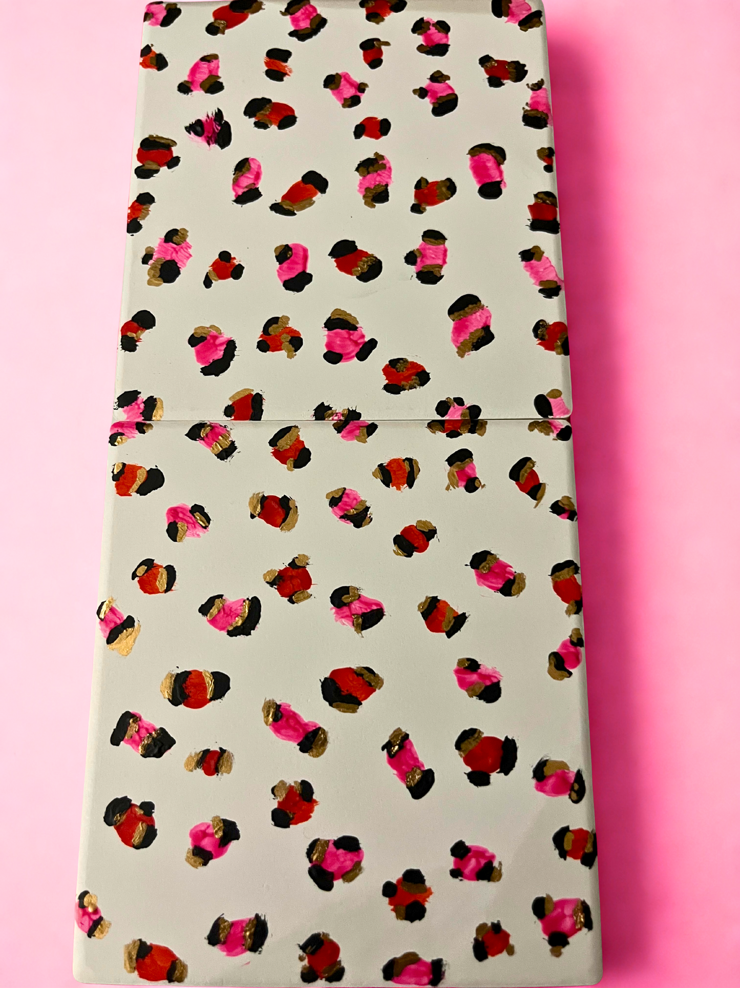 Double sided leopard print coasters - red, pink and neutral